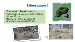 Dinossauros?
• “Dinosauria” – lagartos terríveis
• Anatomista e paleontologista britânico
Richard Owen.
• Maior de depósito de ossos de
dinossauros do mundo: China
 
