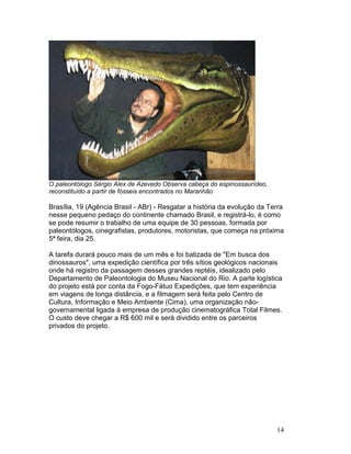 14
O paleontólogo Sérgio Alex de Azevedo Observa cabeça do espinossaurídeo,
reconstituído a partir de fósseis encontrados no Maranhão
Brasília, 19 (Agência Brasil - ABr) - Resgatar a história da evolução da Terra
nesse pequeno pedaço do continente chamado Brasil, e registrá-lo, é como
se pode resumir o trabalho de uma equipe de 30 pessoas, formada por
paleontólogos, cinegrafistas, produtores, motoristas, que começa na próxima
5ª feira, dia 25.
A tarefa durará pouco mais de um mês e foi batizada de "Em busca dos
dinossauros", uma expedição científica por três sítios geológicos nacionais
onde há registro da passagem desses grandes reptéis, idealizado pelo
Departamento de Paleontologia do Museu Nacional do Rio. A parte logística
do projeto está por conta da Fogo-Fátuo Expedições, que tem experiência
em viagens de longa distância, e a filmagem será feita pelo Centro de
Cultura, Informação e Meio Ambiente (Cima), uma organização não-
governamental ligada à empresa de produção cinematográfica Total Filmes.
O custo deve chegar a R$ 600 mil e será dividido entre os parceiros
privados do projeto.
 