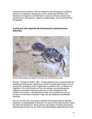 19
conhecimento do público o fato da existência dos dinossauros no Brasil e,
como há um interesse natural para o tema, pode haver também uma
influência na fixação do conhecimento na área de ciências, tendo como
condutores os dinossauros", observa o paleontólogo. (Lana Cristina/Fotos:
Divulgação)
O país tem oito espécies de dinossauros e pterossauros
descritas
Inseto fóssil da Bacia do Araripe com cerca de 100 milhões de anos
Brasília, 19 (Agência Brasil - ABr) - As descobertas mais surpreendentes de
ossadas de dinossauros, desde que o termo foi usado pela primeira vez no
século XIX, certamente foram registradas nos últimos anos, no Brasil e na
Argentina. Foi no Rio Grande do Sul, por exemplo, que pesquisadores
ingleses encontraram parte dos ossos de um dos dinossauros mais
primitivos do mundo, o Staurikosaurus pricei. Foi a primeira vez que se
nomeou um dinossauro brasileiro. Hoje, são oito espécies formalmente
descritas.
Isso foi nos anos 60, mas desde a década de 50 pesquisadores alemães
estudavam a possibilidade do Brasil ter em suas rochas sedimentares restos
de ossos de dinossauros, termo comum que designa a família dinossauria,
descrita pela primeira vez em 1842, pelo paleontólogo inglês Richard Owen.
 