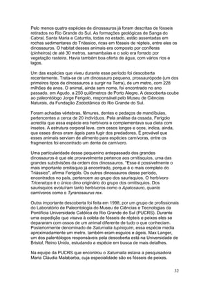 32
Pelo menos quatro espécies de dinossauros já foram descritas de fósseis
retirados no Rio Grande do Sul. As formações geológicas de Sanga do
Cabral, Santa Maria e Caturrita, todas no estado, estão assentadas em
rochas sedimentares do Triássico, ricas em fósseis de répteis, entre eles os
dinossauros. O habitat desses animais era composto por coníferas
(pinheiros) de até 30 metros, samambaias e o solo era forrado por
vegetação rasteira. Havia também boa oferta de água, com vários rios e
lagos.
Um das espécies que viveu durante esse período foi descoberta
recentemente. Trata-se de um dinossauro pequeno, prossaurópode (um dos
primeiros tipos de dinossauros a surgir na Terra), de um metro, com 228
milhões de anos. O animal, ainda sem nome, foi encontrado no ano
passado, em Agudo, a 250 quilômetros de Porto Alegre. A descoberta coube
ao paleontólogo Jorge Ferigolo, responsável pelo Museu de Ciências
Naturais, da Fundação Zoobotânica do Rio Grande do Sul.
Foram achadas vértebras, fêmures, dentes e pedaços de mandíbulas,
pertencentes a cerca de 20 indivíduos. Pela análise da ossada, Ferigolo
acredita que essa espécie era herbívora e complementava sua dieta com
insetos. A estrutura corporal leve, com ossos longos e ocos, indica, ainda,
que esses dinos eram ágeis para fugir dos predadores. É provável que
esses animais serviam de alimento para espécies carnívoras, entre os
fragmentos foi encontrado um dente de carnívoro.
Uma particularidade desse pequenino antepassado dos grandes
dinossauros é que ele provavelmente pertence aos ornitisquios, uma das
grandes subdivisões da ordem dos dinossauros. "Esse é possivelmente o
mais importante ornitisquio já encontrado, porque é o mais completo do
Triássico", afirma Ferigolo. Os outros dinossauros desse período,
encontrados no país, pertencem ao grupo dos saurisquios. O herbívoro
Triceratops é o único dino originário do grupo dos ornitisquios. Dos
saurisquios evoluíram tanto herbívoros como o Apatosauro, quanto
carnívoros como o Tyranosaurus rex.
Outra importante descoberta foi feita em 1998, por um grupo de profissionais
do Laboratório de Paleontologia do Museu de Ciências e Tecnologias da
Pontifícia Universidade Católica do Rio Grande do Sul (PUCRS). Durante
uma expedição que visava à coleta de fósseis de répteis e peixes eles se
depararam com ossos de um animal diferente de tudo o que conheciam.
Posteriormente denominado de Saturnalia tupiniquim, essa espécie media
aproximadamente um metro, também eram esguios e ágeis. Max Langer,
um dos palentólogos responsáveis pela descoberta está na Universidade de
Bristol, Reino Unido, estudando a espécie em busca de mais detalhes.
Na equipe da PUCRS que encontrou o Saturnalia estava a pesquisadora
Maria Cláudia Malabarba, cuja especialidade são os fósseis de peixes.
 