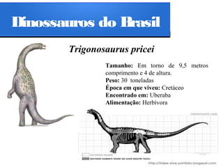 Dinossauros do Brasil
Trigonosaurus pricei
Tamanho: Em torno de 9,5 metros
comprimento e 4 de altura.
Peso: 30 toneladas
Época em que viveu: Cretáceo
Encontrado em: Uberaba
Alimentação: Herbívora

 