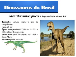 Dinossauros do Brasil
Staurikosaurus pricei - Lagarto do Cruzeiro do Sul
Tamanho: Altura 80cm e 2m de
comprimento
Peso: 20 kg
Época em que viveu: Triássico há 251 a
199 milhões de anos atrás.
Encontrado em: descoberto em 1936 –
Santa Maria
Alimentação: Carnívoro

 