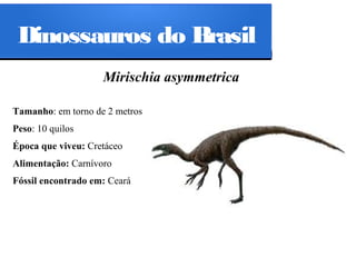 Dinossauros do Brasil
Mirischia asymmetrica
Tamanho: em torno de 2 metros
Peso: 10 quilos
Época que viveu: Cretáceo
Alimentação: Carnívoro
Fóssil encontrado em: Ceará

 