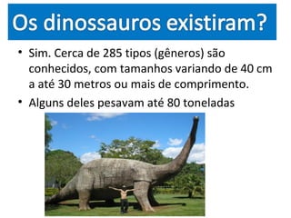 • Sim. Cerca de 285 tipos (gêneros) são
  conhecidos, com tamanhos variando de 40 cm
  a até 30 metros ou mais de comprimento.
• Alguns deles pesavam até 80 toneladas
 