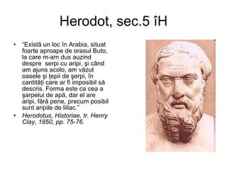 Herodot, sec.5 îH “ Există un loc în Arabia, situat foarte aproape de orasul Buto, la care m-am dus auzind despre  serpi cu aripi, şi când am ajuns acolo, am văzut oasele şi ţepii de şerpi, în cantităţi care ar fi imposibil să descris. Forma este ca cea a şarpelui de apă, dar el are aripi, fără pene, precum posibil sunt aripile de liliac.”   Herodotus, Historiae, tr. Henry Clay, 1850, pp. 75-76.  