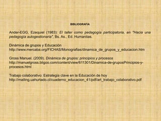 BIBLIOGRAFIA 
Ander-EGG, Ezequiel (1983): El taller como pedagogía participatoria, en "Hacia una 
pedagogía autogestionaria", Bs. As., Ed. Humanitas. 
Dinámica de grupos y Educación 
http://www.mercaba.org/FICHAS/Monografias/dinamica_de_grupos_y_educacion.htm 
Gross Manuel. (2009). Dinámica de grupos: principios y procesos 
http://manuelgross.bligoo.com/content/view/611301/Dinamica-de-gruposPrincipios-y-procesos. 
html 
Trabajo colaborativo: Estrategia clave en la Educación de hoy 
http://mailing.uahurtado.cl/cuaderno_educacion_41/pdf/art_trabajo_colaborativo.pdf 
