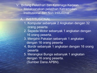 V. Bidang Pelatihan dan Ketenaga Kerjaan
   - Melaksanakan pelatihan Ketrampilan
     Institusional dan Non Intitutional :
  A. INSTITUSIONAL
    1. Komputer sebanyak 2 Angkatan dengan 32
       orang peserta
    2. Sepeda Motor sebanyak 1 angkatan dengan
      16 orang peserta.
    3. Menjahit Pakaian sebanyak 1 angkatan
      dengan 16 orang peserta
    4. Bordir sebanyak 1 angkatan dengan 16 orang
       peserta
    5. Merangkai Bunga sebanyak 1 angkatan
      dengan 16 orang peserta.
      (Sumber Dana APBN).
 
