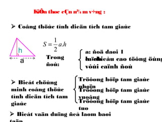 KiÕn thøc cÇn n¾m v÷ng :
 Coâng thöùc tính dieän tích tam giaùc
Trong
ñoù:
a: ñoä daøi 1
caïnhh: chieàu cao töông öùng
vôùi caïnh ñoù
 Bieát chöùng
minh coâng thöùc
tính dieän tích tam
giaùc
Tröôøng hôïp tam giaùc
nhoïn
Tröôøng hôïp tam giaùc
vuoâng
Tröôøng hôïp tam giaùc
tuø
 Bieát vaän duïng ñeå laøm baøi
haS .
2
1
=
h
a
 