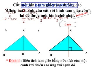 Cắt một hình tam giác theo đường cao
Ghép hai mảnh vừa cắt với hình tam giác còn
lại để được một hình chữ nhật.
A
B
C
A
B
C
E
H
D
....BCED ABCS S∆= 2
⇒ ....ABC BCEDS S∆ = 1
2
1
.
2
BC CE=
1
.
2
BC AH=
Cạnh
Đường cao
* Định lí : Diện tích tam giác bằng nửa tích của một
cạnh với chiều cao ứng với cạnh đó
Bài 3: DIỆN TÍCH TAM GIÁC
 