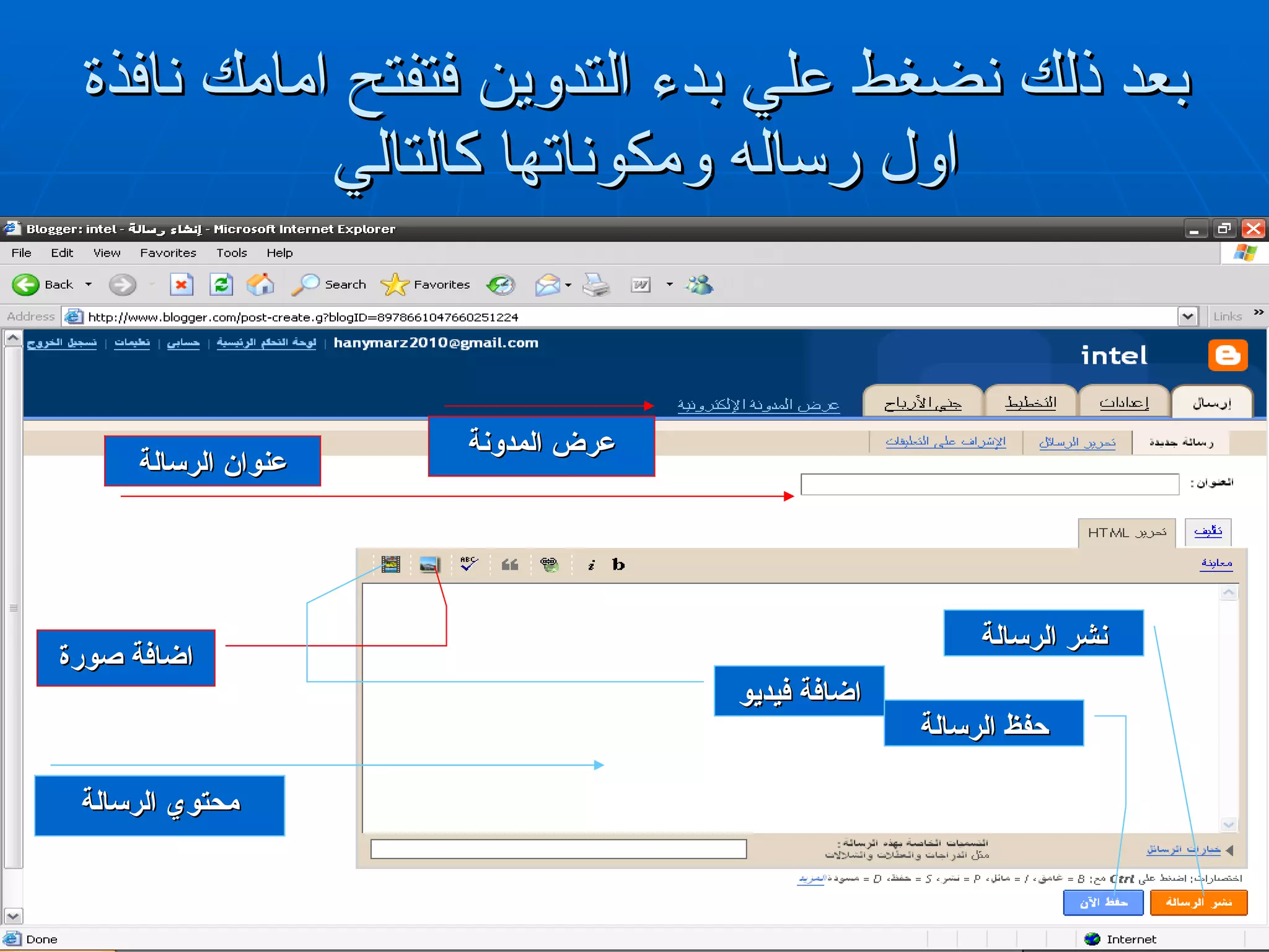 بعد ذلك نضغط علي بدء التدوين فتفتح امامك نافذة اول رساله ومكوناتها كالتالي  عنوان الرسالة محتوي الرسالة اضافة صورة اضافة فيديو حفظ الرسالة نشر الرسالة عرض المدونة 