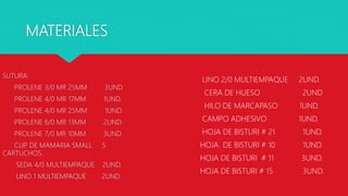 MATERIALES
SUTURA:
PROLENE 3/0 MR 25MM 3UND.
PROLENE 4/0 MR 17MM 1UND.
PROLENE 4/0 MR 25MM 1UND.
PROLENE 6/0 MR 13MM 2UND.
PROLENE 7/0 MR 10MM 3UND.
CLIP DE MAMARIA SMALL 5
CARTUCHOS.
SEDA 4/0 MULTIEMPAQUE 2UND.
LINO 1 MULTIEMPAQUE 2UND.
LINO 2/0 MULTIEMPAQUE 2UND.
CERA DE HUESO 2UND
HILO DE MARCAPASO 1UND.
CAMPO ADHESIVO 1UND.
HOJA DE BISTURI # 21 1UND.
HOJA DE BISTURI # 10 1UND.
HOJA DE BISTURI # 11 3UND.
HOJA DE BISTURI # 15 3UND.
 