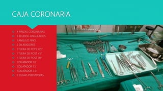 CAJA CORONARIA
 4 PINZAS CORONARIAS
 3 BLUDOG ANGULADOS
 1 ANGULO FINO
 2 DILATADORES
 1 TIJERA DE POTS 125°
 1 TIJERA DE POST 45°
 1 TIJERA DE POST 90°
 1 DILATADOR 1.0
 1 DILATADOR 1.5
 1 DILATADOR 2.0
 2 OLIVAS PERFUSORAS
 