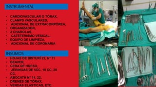 • CARDIOVASCULAR O TÓRAX,
• CLAMPS VASCULARES,
• ADICIONAL DE EXTRACORPÓREA,
• ORGANIZADOR,
• 2 CHAROLAS,
• CATETERISMO VESICAL,
• EQUIPO DE LIMPIEZA,
• ADICIONAL DE CORONARIA
• HOJAS DE BISTURÍ 22, N° 11
• BEAVER,
• CERA DE HUESO,
• JERINGAS DE 5CC, 10 CC, 20
CC,
• ABOCATH N° 14, 22,
• DRENES DE TÓRAX,
• VENDAS ELÁSTICAS, ETC.
INSTRUMENTAL
INSUMOS
 
