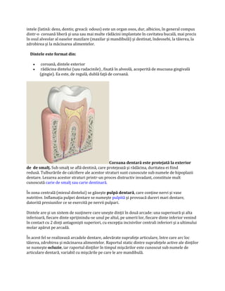 intele (latină: dens, dentis; greacă: odous) este un organ osos, dur, albicios, în general compus
dintr-o coroană liberă şi una sau mai multe rădăcini implantate în cavitatea bucală, mai precis
în osul alveolar al oaselor maxilare (maxilar şi mandibulă) şi destinat, îndeosebi, la tăierea, la
zdrobirea şi la măcinarea alimentelor.
Dintele este format din:
 coroană, dintele exterior
 rădăcina dintelui (sau radacinile) , fixată în alveolă, acoperită de mucoasa gingivală
(gingie). Ea este, de regulă, dublă faţă de coroană.
Coroana dentară este protejată la exterior
de de smalţ. Sub smalţ se află dentină, care protejează şi rădăcina, duritatea ei fiind
redusă. Tulburările de calcifiere ale acestor straturi sunt cunoscute sub numele de hipoplazii
dentare. Lezarea acestor straturi printr-un proces distructiv invadant, constituie mult
cunoscută carie de smalţ sau carie dentinară.
În zona centrală (miezul dintelui) se găseşte pulpă dentară, care conţine nervi şi vase
nutritive. Inflamaţia pulpei dentare se numeşte pulpită şi provoacă dureri mari dentare,
datorită presiunilor ce se exercită pe nervii pulpari.
Dintele are şi un sistem de susţinere care uneşte dinţii în două arcade: una superioară şi alta
inferioară, fiecare dinte sprijinindu-se unul pe altul, pe umerii lor, fiecare dinte inferior venind
în contact cu 2 dinţi antagonişti superiori, cu excepţia incisivilor centrali inferiori şi a ultimului
molar apărut pe arcadă.
În acest fel se realizează arcadele dentare, adevărate suprafeţe articulare, între care arc loc
tăierea, zdrobirea şi măcinarea alimentelor. Raportul static dintre suprafeţele active ale dinţilor
se numeşte ocluzie, iar raportul dinţilor în timpul mişcărilor este cunoscut sub numele de
articulare dentară, variabil cu mişcările pe care le are mandibulă.
 