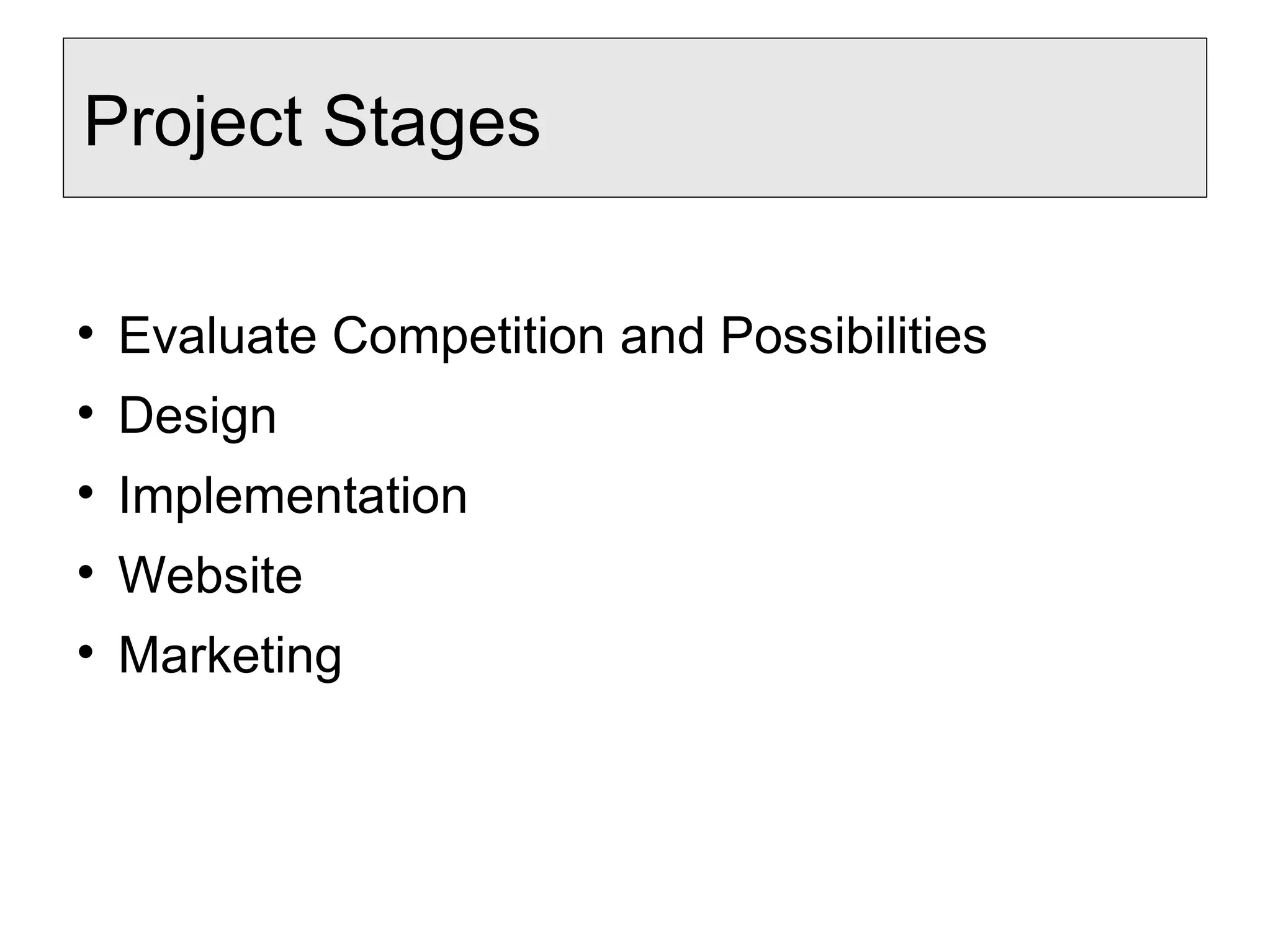 Project Stages
Evaluate Competition and Possibilities
Design
Implementation
Website
Marketing