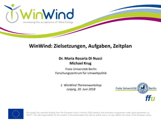 This project has received funding from the European Union’s Horizon 2020 research and innovation programme under grant agreement no
764717. The sole responsibility for the content of this presentation lies with its author and in no way reflects the views of the European Union.
WinWind: Zielsetzungen, Aufgaben, Zeitplan
Dr. Maria Rosaria Di Nucci
Michael Krug
Freie Universität Berlin
Forschungszentrum für Umweltpolitik
1. WinWind Themenworkshop
Leipzig, 20. Juni 2018
 