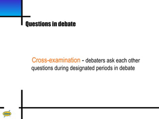 Questions in debate




  Cross-examination - debaters ask each other
  questions during designated periods in debate
 
