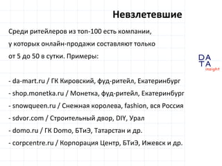 D
insight
AT
A
Среди ритейлеров из топ-100 есть компании,
у которых онлайн-продажи составляют только
от 5 до 50 в сутки. Примеры:
- da-mart.ru / ГК Кировский, фуд-ритейл, Екатеринбург
- shop.monetka.ru / Монетка, фуд-ритейл, Екатеринбург
- snowqueen.ru / Снежная королева, fashion, вся Россия
- sdvor.com / Строительный двор, DIY, Урал
- domo.ru / ГК Domo, БТиЭ, Татарстан и др.
- corpcentre.ru / Корпорация Центр, БТиЭ, Ижевск и др.
Невзлетевшие
 