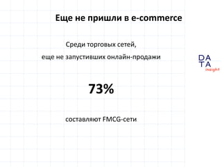D
insight
AT
A
Еще не пришли в e-commerce
Среди торговых сетей,
еще не запустивших онлайн-продажи
73%
составляют FMCG-сети
 