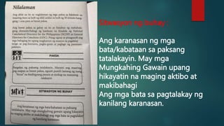 Sitwasyon ng buhay :
Ang karanasan ng mga
bata/kabataan sa paksang
tatalakayin. May mga
Mungkahing Gawain upang
hikayatin na maging aktibo at
makibahagi
Ang mga bata sa pagtalakay ng
kanilang karanasan.
 