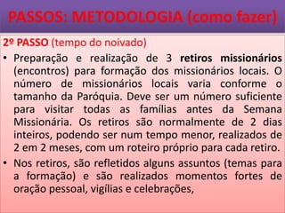 PASSOS: METODOLOGIA (como fazer)
2º PASSO (tempo do noivado)
• Preparação e realização de 3 retiros missionários
(encontros) para formação dos missionários locais. O
número de missionários locais varia conforme o
tamanho da Paróquia. Deve ser um número suficiente
para visitar todas as famílias antes da Semana
Missionária. Os retiros são normalmente de 2 dias
inteiros, podendo ser num tempo menor, realizados de
2 em 2 meses, com um roteiro próprio para cada retiro.
• Nos retiros, são refletidos alguns assuntos (temas para
a formação) e são realizados momentos fortes de
oração pessoal, vigílias e celebrações,
 
