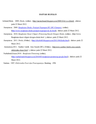 DAFTAR RUJUKAN
Achmad,Maria. 2009. Dioda, (online), (http://mariachmad.blogspot.com/2009/10/d-i-o-d.html) ,diakses
pada 22 Maret 2012.
Anonymous. 2009. Rangkaian Dioda: Penjepit Tegangan DC (DC Clamper), (online),
(http://www.rangkaian-dioda-penjepit-tegangan-dc-dc.html), diakses pada 22 Maret 2012.
Anonymous. 2010. Rangkaian Dasar Clipper (Pemotong Sinyal) Dengan Dioda, (online), (http://www.
Rangkaian-dasar-clipper-dengan-dioda.html ), diakses pada 22 Maret 2012.
Anonymous. 2011. Dioda, (Online), (http://chic4rit0.blogspot.com/2011/04/dioda.html), diakses pada 22
Maret 2012.
Anonymous.2011. Sumber Listrik Arus Searah (DC), (Online), (http:www.sumber-listrik-arus-searah-
elektronika-dasar.html ), diakses pada 22 Maret 2012.
Nurhalimah,Susan.2010. Rangkaian Pemotong, (online),
(http://nurhalimah.blogspot.com/2010/05/rangkaian-pemotong-google.html), diakses pada 22
Maret 2012.
Sutrisno. 1987. Elektronika Teori dan Penerapannya. Bandung : ITB.
 