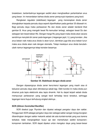 breakdown, bertambahnya tegangan sedikit akan menghasilkan pertambahan arus
yang besar. Ini menandakan bahwa dioda zener pempunyai inpedansi yang kecil.
Rangkaian regulator (stabilisasi) tegangan yang menerapkan dioda zener
dirangkaikan kepada pencatu daya seperti diperlihatkan pada gambar 35 dibawah ini.
Bagi pencatu daya maka perlawanan Rs dan dioda zener adalah berderet lihat
gambar B. Arus yang mengalir lewat Rs kemudian terbagi, sebagian lewat Dz dan
sebagian lain lewat beban Rb. Dengan harga Rs yang tepat maka dioda akan secara
sendirinya menyitel diri zener pada tegangan (=tegangan jepit, Vj ) yang konstan. Jika
arus beban naik maka arus dioda Iz akan turun, demikian juga bila arus beban turun
maka arus dioda akan naik dengan otomatis. Tetapi meskipun arus dioda berubah-
ubah namun tegangannya tetap konstan besarnya
Gambar 35. Stabilisasi dengan dioda zener
Dengan dipasangnya dioda zener kerut-kerut tegangan yang masih sisa di
keluaran pencatu daya akan ditindasnya sekali lagi. Oleh kondisi ini maka dioda pun
dinamai pula tapis elektronik atau tapis dinamik. Hal itu dapat terjadi sebab dioda
mempunyai perlawanan yang sangat kecil terhadap kerut tersebut, sehingga
tegangan kerut itupun terhubung singkat olehnya .
SCR (Silicon Controlled Rectifier)
SCR disebut juga Thyristor dan dipakai sebagai pengatur daya dan saklar.
Penggunaan SCR sebagai pengatur daya dan sebagai saklar sangat menguntungkan
dibandingkan dengan saklar mekanik sebab tak ada kontak-kontak yang aus karena
terbakar, tidak menjangkitkan busur api dan memerlukan sedikit komponen-
komponen tambahan. SCR dapat dipakai untuk mengatur daya yang besar-besar
IRs
IB
s
DZ RB
IZ
s
VZ
 D
Z
+
 D
Z
-
I= Iz + IB
 D
Z
 D
Z
Rs IB
s
I
VZ
IZ
s
RB
DZ
stabilisator
tegangan
penyearah
+
-
A
B
 