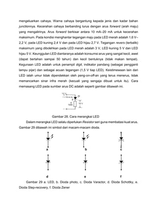 mengeluarkan cahaya. Warna cahaya bergantung kepada jenis dan kadar bahan
junctionnya. Kecerahan cahaya berbanding lurus dengan arus forward (arah maju)
yang mengalirinya. Arus forward berkisar antara 10 mA–20 mA untuk kecerahan
maksimum. Pada kondisi menghantar tegangan maju pada LED merah adalah 1,6 V–
2,2 V, pada LED kuning 2,4 V dan pada LED hijau 2,7 V. Tegangan revers (terbalik)
maksimum yang dibolehkan pada LED merah adalah 3 V, LED kuning 5 V dan LED
hijau 5 V. Keunggulan LED diantaranya adalah konsumsi arus yang sangat kecil, awet
(dapat bertahan sampai 50 tahun) dan kecil bentuknya (tidak makan tempat).
Kegunaan LED adalah untuk penampil digit, indikator pandang (sebagai pengganti
lampu pijar) dan sebagai acuan tegangan (1,5 V tiap LED). Keistimewaan lain dari
LED ialah umur tidak dipendekkan oleh peng-on-off-an yang terus menerus, tidak
memancarkan sinar infra merah (kecuali yang sengaja dibuat untuk itu). Cara
memasang LED pada sumber arus DC adalah seperti gambar dibawah ini.
Gambar 28. Cara merangkai LED
Dalam merangkai LED selalu diperlukan Resistor seri guna membatasi kuat arus.
Gambar 29 dibawah ini simbol dari macam-macam dioda.
a b c
d e f
Gambar 29 a. LED, b. Dioda photo, c. Dioda Varactor, d. Dioda Schottky, e.
Dioda Step-recovery, f. Dioda Zener
 