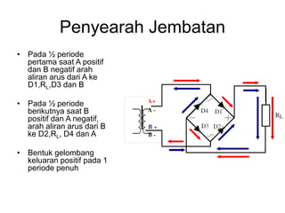 Penyearah Jembatan
• Pada ½ periode
pertama saat A positif
dan B negatif arah
aliran arus dari A ke
D1,RL,D3 dan B
• Pada ½ periode
berikutnya saat B
positif dan A negatif,
arah aliran arus dari B
ke D2,RL, D4 dan A
• Bentuk gelombang
keluaran positif pada 1
periode penuh
 