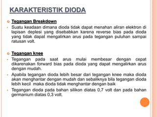 KARAKTERISTIK DIODA
 Tegangan Breakdown
 Suatu keadaan dimana dioda tidak dapat menahan aliran elektron di
lapisan deplesi yang disebabkan karena reverse bias pada dioda
yang tidak dapat mengalirkan arus pada tegangan puluhan sampai
ratusan volt.
 Tegangan knee
 Tegangan pada saat arus mulai membesar dengan cepat
dikarenakan forward bias pada dioda yang dapat mengalirkan arus
dengan mudah.
 Apabila tegangan dioda lebih besar dari tegangan knee maka dioda
akan menghantar dengan mudah dan sebaliknya bila tegangan dioda
lebih kecil maka dioda tidak menghantar dengan baik
 Tegangan dioda pada bahan silikon diatas 0,7 volt dan pada bahan
germanium diatas 0,3 volt.
 