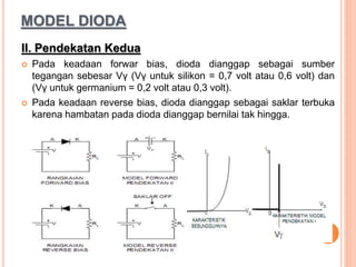 MODEL DIODA
II. Pendekatan Kedua
 Pada keadaan forwar bias, dioda dianggap sebagai sumber
tegangan sebesar Vγ (Vγ untuk silikon = 0,7 volt atau 0,6 volt) dan
(Vγ untuk germanium = 0,2 volt atau 0,3 volt).
 Pada keadaan reverse bias, dioda dianggap sebagai saklar terbuka
karena hambatan pada dioda dianggap bernilai tak hingga.
 