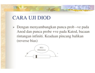 CARA UJI DIOD
Dengan menyambungkan punca prob –ve pada
Anod dan punca probe +ve pada Katod, bacaan
rintangan infiniti. Keadaan pincang balikan
(reverse bias)
RX1
Ohmmeter

+

-

 