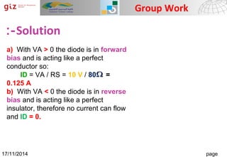 12/23/14 Page 17Numeral Systems
Group Work
17/11/2014 page
Solution:-
a) With VA > 0 the diode is in forward
bias and is acting like a perfect
conductor so:
ID = VA / RS = 10 V / 80 =
0.125 A
b) With VA < 0 the diode is in reverse
bias and is acting like a perfect
insulator, therefore no current can flow
and ID = 0.
 