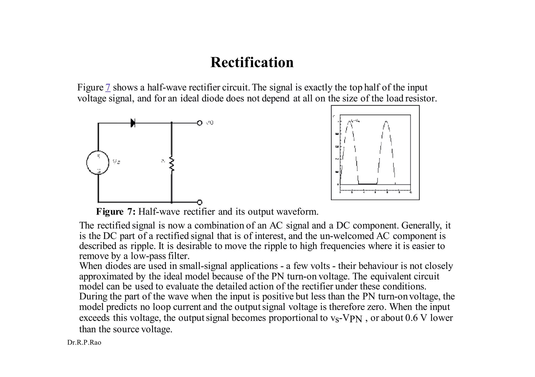 Dr.R.P.Rao
Rectification
Figure 7 shows a half-wave rectifier circuit.The signal is exactly the top half of the input
voltage signal, and for an ideal diode does not depend at all on the size of the load resistor.
Figure 7: Half-wave rectifier and its output waveform.
The rectified signal is now a combination of an AC signal and a DC component. Generally, it
is the DC part of a rectified signal that is of interest, and the un-welcomed AC component is
described as ripple. It is desirable to move the ripple to high frequencies where it is easier to
remove by a low-pass filter.
When diodes are used in small-signal applications - a few volts - their behaviour is not closely
approximated by the ideal model because of the PN turn-on voltage. The equivalent circuit
model can be used to evaluate the detailed action of the rectifier under these conditions.
During the part of the wave when the input is positive but less than the PN turn-onvoltage, the
model predicts no loop current and the outputsignal voltage is therefore zero. When the input
exceeds this voltage, the outputsignal becomes proportional to vs-VPN , or about 0.6 V lower
than the source voltage.
 