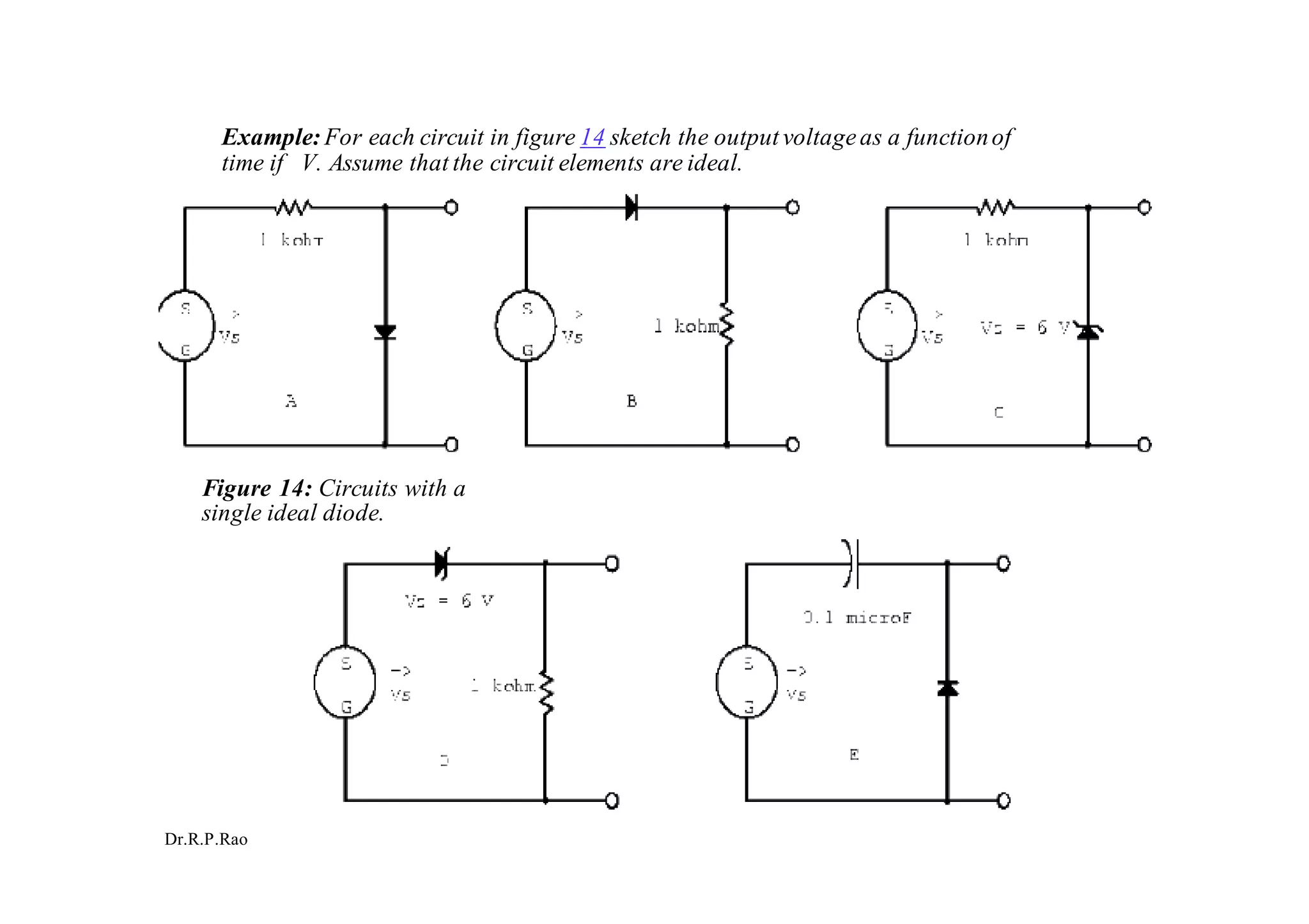 Dr.R.P.Rao
Example:For each circuit in figure 14 sketch the outputvoltageas a functionof
time if V. Assume that the circuit elements are ideal.
Figure 14: Circuits with a
single ideal diode.
 