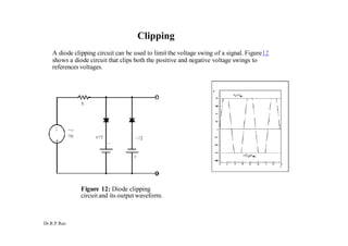 Dr.R.P.Rao
Clipping
A diode clipping circuit can be used to limit the voltage swing of a signal. Figure12
shows a diode circuit that clips both the positive and negative voltage swings to
references voltages.
Figure 12: Diode clipping
circuit and its output waveform.
 