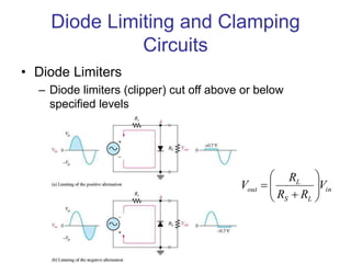 Diode Limiting and Clamping
Circuits
• Diode Limiters
– Diode limiters (clipper) cut off above or below
specified levels
i...