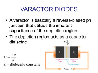 VARACTOR DIODES
• A varactor is basically a reverse-biased pn
junction that utilizes the inherent
capacitance of the deple...