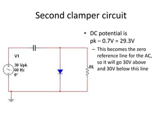 Second clamper circuit
           • DC potential is
             pk – 0.7V = 29.3V
              – This becomes the zero
                reference line for the AC,
                so it will go 30V above
                and 30V below this line
 