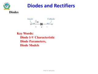 Diodes and Rectifiers
Diodes
Key Words:
Diode I-V Characteristic
Diode Parameters,
Diode Models
Prof. K. Adisesha
 