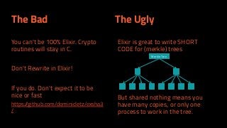 Elixir is great to write SHORT
CODE for (merkle) trees
But shared nothing means you
have many copies, or only one
process to work in the tree.
Merkle Tree
The Bad The Ugly
You can't be 100% Elixir. Crypto
routines will stay in C.
Don't Rewrite in Elixir!
If you do. Don't expect it to be
nice or fast
https://github.com/dominicletz/exsha3
/
 