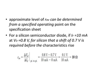 • approximate level of rav can be determined
from a specified operating point on the
specification sheet
• For a silicon semiconductor diode, if IF =10 mA
at VD =0.8 V, for silicon that a shift of 0.7 V is
required before the characteristics rise
 