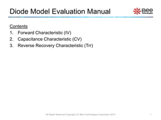 Diode Model Evaluation Manual
All Rights Reserved Copyright (C) Bee Technologies Corporation 2010 1
Contents
1. Forward Characteristic (IV)
2. Capacitance Characteristic (CV)
3. Reverse Recovery Characteristic (Trr)
 