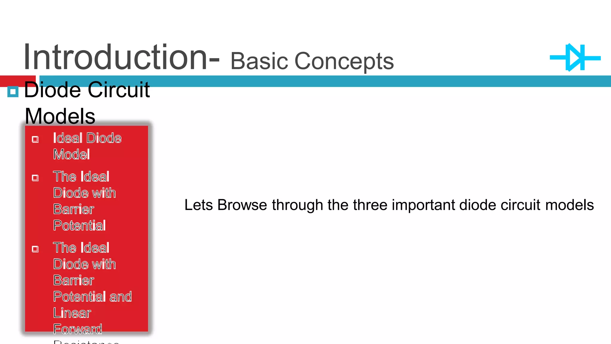 Introduction- Basic Concepts
 Diode Circuit
Models
Lets Browse through the three important diode circuit models
 
