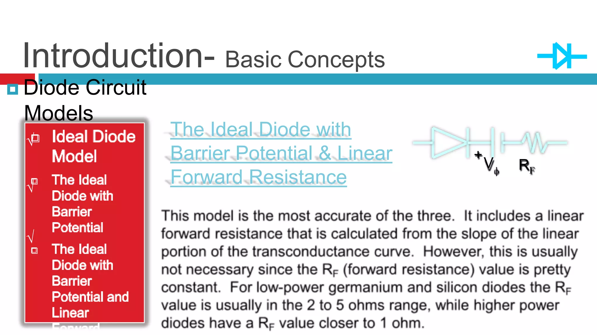 Introduction- Basic Concepts
 Diode Circuit
Models
The Ideal Diode with
Barrier Potential & Linear
Forward Resistance
√
√
√
+
V RF
 