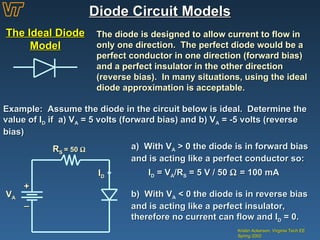 Diode Circuit Models Kristin Ackerson, Virginia Tech EE Spring 2002 The Ideal Diode Model The diode is designed to allow current to flow in only one direction.  The perfect diode would be a perfect conductor in one direction (forward bias) and a perfect insulator in the other direction (reverse bias).  In many situations, using the ideal diode approximation is acceptable. Example:  Assume the diode in the circuit below is ideal.  Determine the value of I D  if  a) V A  = 5 volts (forward bias) and b) V A  = -5 volts (reverse bias) + _ V A I D R S  = 50   a)  With V A  > 0 the diode is in forward bias and is acting like a perfect conductor so: I D  = V A /R S  = 5 V / 50    = 100 mA b)  With V A  < 0 the diode is in reverse bias and is acting like a perfect insulator, therefore no current can flow and I D  = 0. 