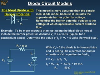 Diode Circuit Models Kristin Ackerson, Virginia Tech EE Spring 2002 The Ideal Diode with Barrier Potential This model is more accurate than the simple ideal diode model because it includes the approximate barrier potential voltage.  Remember the barrier potential voltage is the voltage at which appreciable current starts to flow. Example:  To be more accurate than just using the ideal diode model include the barrier potential. Assume V   = 0.3 volts (typical for a germanium diode)  Determine the value of I D  if  V A  = 5 volts (forward bias). + _ V A I D R S  = 50   With V A  > 0 the diode is in forward bias and is acting like a perfect conductor so write a KVL equation to find I D : 0 = V A  – I D R S  - V    I D  = V A  - V    =  4.7 V  = 94 mA    R S   50     V  + V  + 