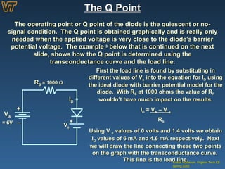 The Q Point Kristin Ackerson, Virginia Tech EE Spring 2002 The operating point or Q point of the diode is the quiescent or no-signal condition.  The Q point is obtained graphically and is really only needed when the applied voltage is very close to the diode’s barrier potential voltage.  The example  3  below that is continued on the next slide, shows how the Q point is determined using the transconductance curve and the load line. + _ V A = 6V I D R S  = 1000   V  + First the load line is found by substituting in different values of V   into the equation for I D  using the ideal diode with barrier potential model for the diode.  With R S  at 1000 ohms the value of R F  wouldn’t have much impact on the results. I D  = V A  – V   R S Using V    values of 0 volts and 1.4 volts we obtain I D  values of 6 mA and 4.6 mA respectively.  Next we will draw the line connecting these two points on the graph with the transconductance curve.  This line is the load line. 
