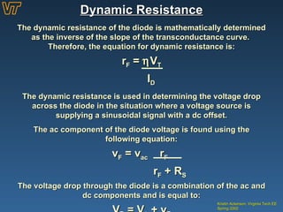 Dynamic Resistance Kristin Ackerson, Virginia Tech EE Spring 2002 The dynamic resistance of the diode is mathematically determined as the inverse of the slope of the transconductance curve.  Therefore, the equation for dynamic resistance is: r F  =   V T I D The dynamic resistance is used in determining the voltage drop across the diode in the situation where a voltage source is supplying a sinusoidal signal with a dc offset. The ac component of the diode voltage is found using the following equation: v F  = v ac  r F   r F  + R S The voltage drop through the diode is a combination of the ac and dc components and is equal to: V D  = V   + v F 