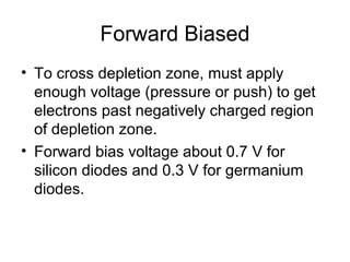 Forward Biased
• To cross depletion zone, must apply
  enough voltage (pressure or push) to get
  electrons past negatively charged region
  of depletion zone.
• Forward bias voltage about 0.7 V for
  silicon diodes and 0.3 V for germanium
  diodes.
 